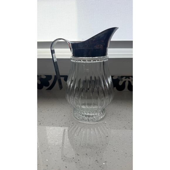 unknown Other - Vintage Ribbed Glass Pitcher Silver-Plated Handle, Italian Mid-Century Bar Decor
